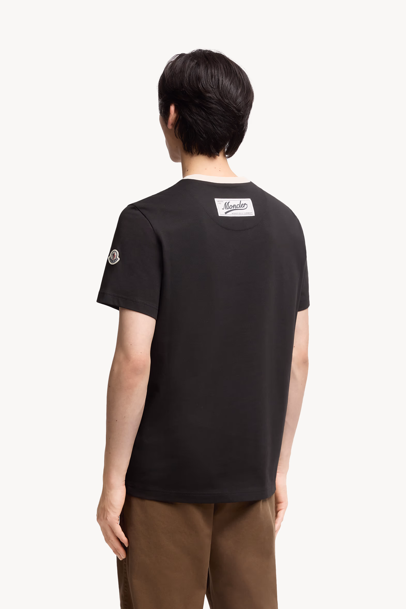 Embroidered Logo Cotton Piquet V-Neck T-Shirt Men Black Moncler 5